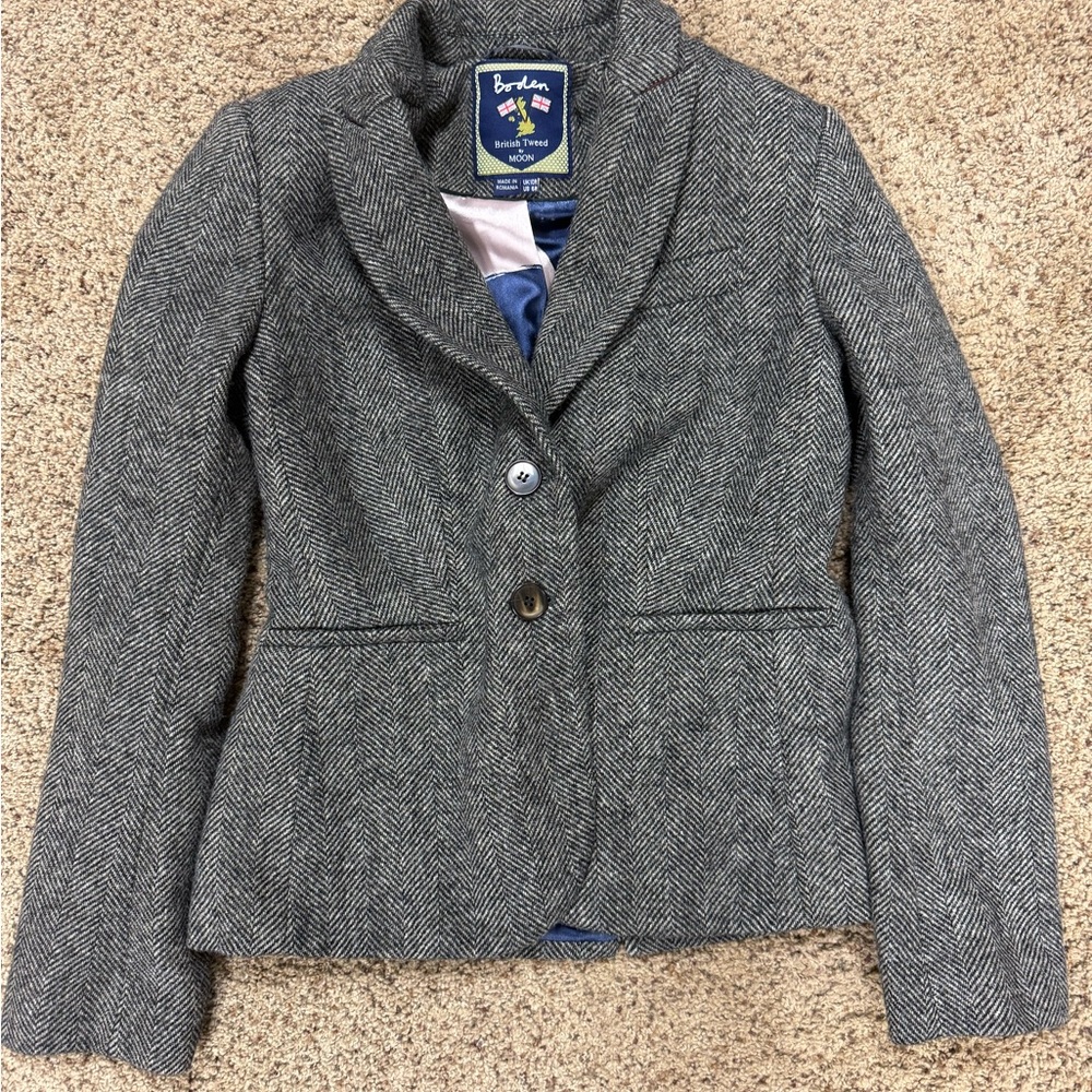 Boden Gray Herringbone Wool Blend Blazer
